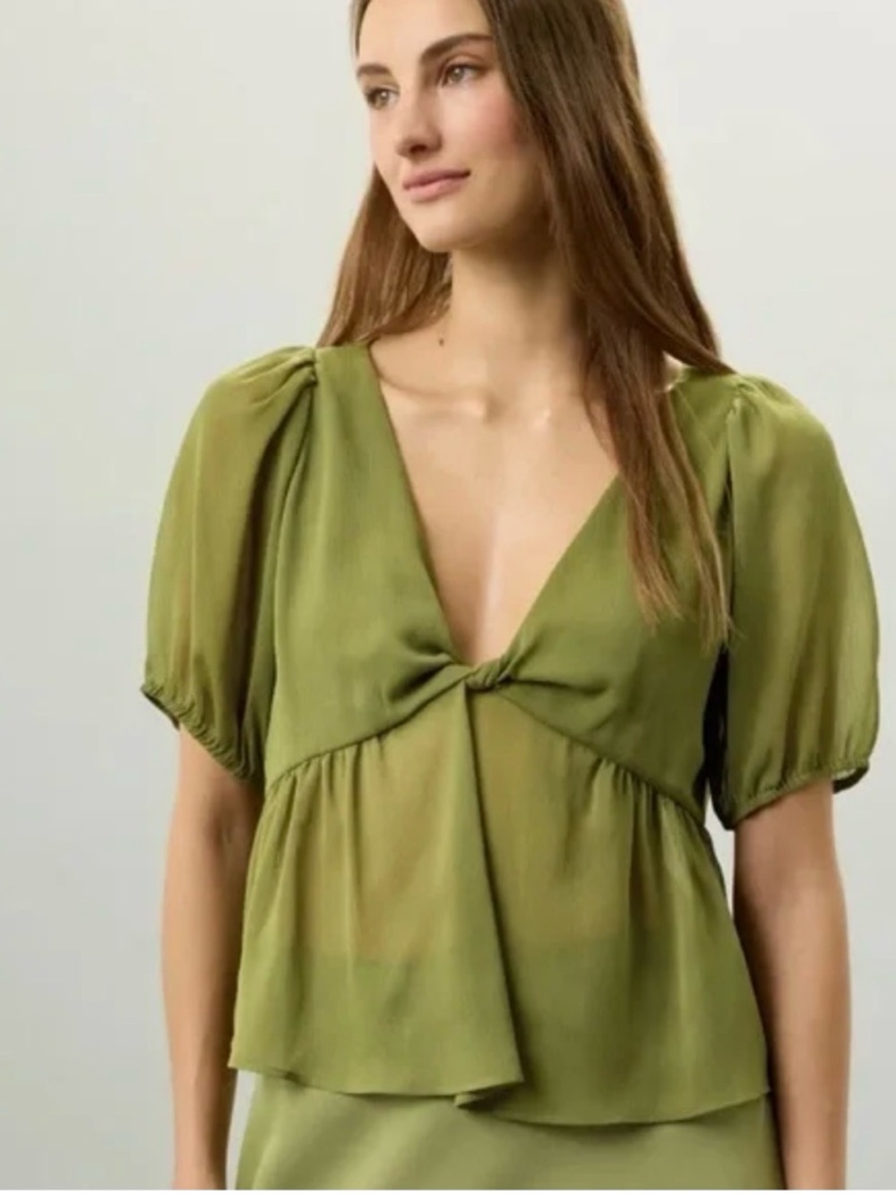 Jason Wu Olive Green V-Neck Puff Sleeve See Through Top 8